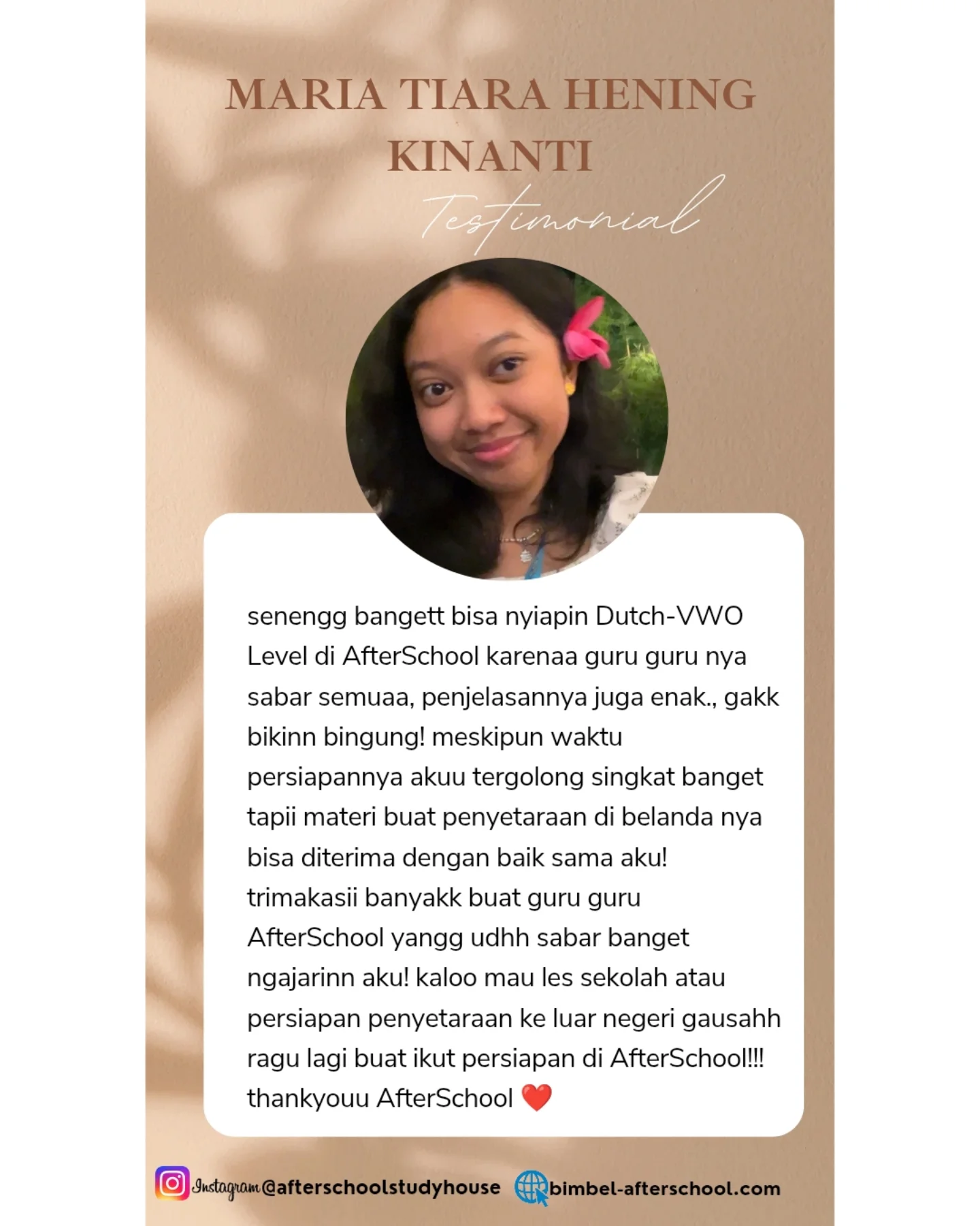 Testimoni Maria Tiara Hening Kinanti untuk AfterSchool